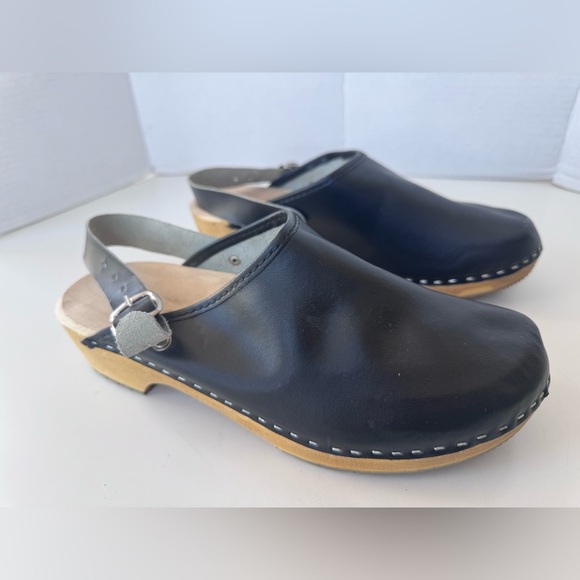 Black Leather Wooden Clog Sling back Buckle Mule Loafer Shoes Women’s Size 41 - Picture 2 of 11